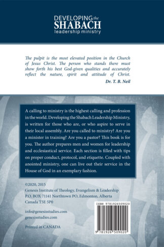 back cover of developing the shabach leadership ministry by dr. t.b neil
