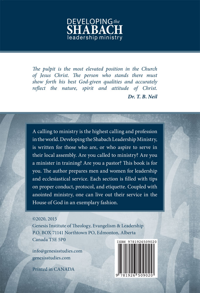 back cover of developing the shabach leadership ministry by dr. t.b neil