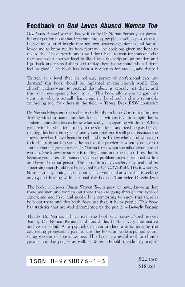 Back Cover of God Loves Abused Women Too by Norma Barnett