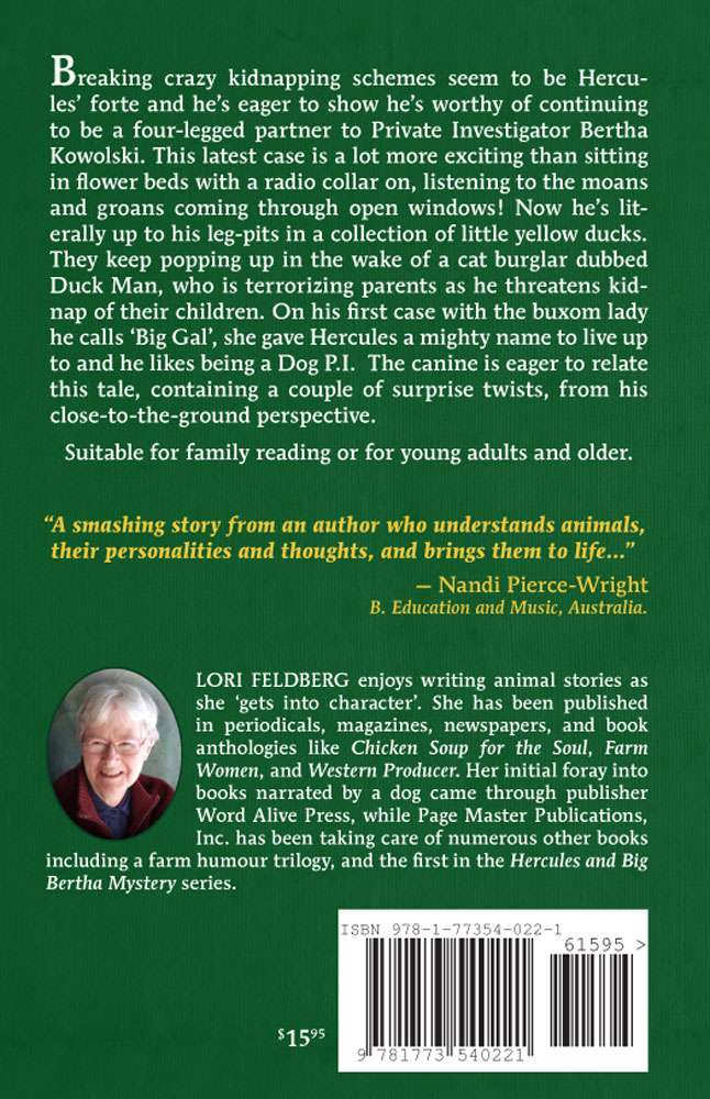 The back cover of Case of the Pop-Up Ducks, by Lori M. Feldberg